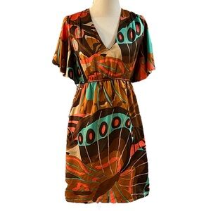 JUDITH MARCH RETRO BUTTERFLY PRINT FLUTTER SLEEVE MINI DRESS MULTICOLORED SIZE S